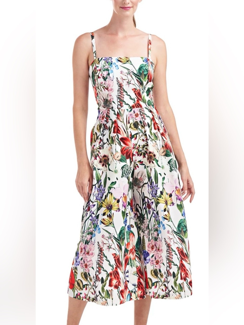 Kay Unger Floral Strapless Wide-leg  Jumpsuit White with Multicolor Bloom